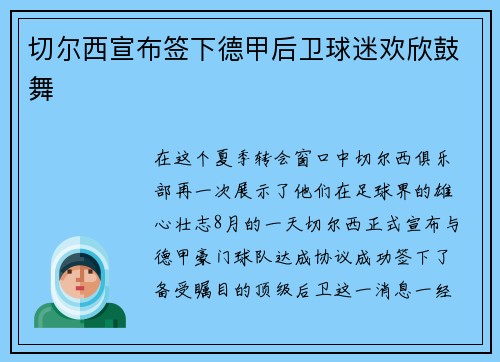 切尔西宣布签下德甲后卫球迷欢欣鼓舞