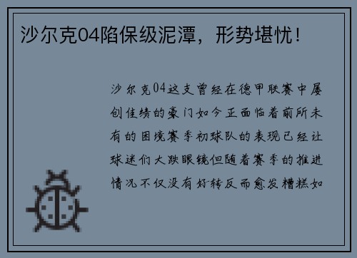 沙尔克04陷保级泥潭,形势堪忧!
